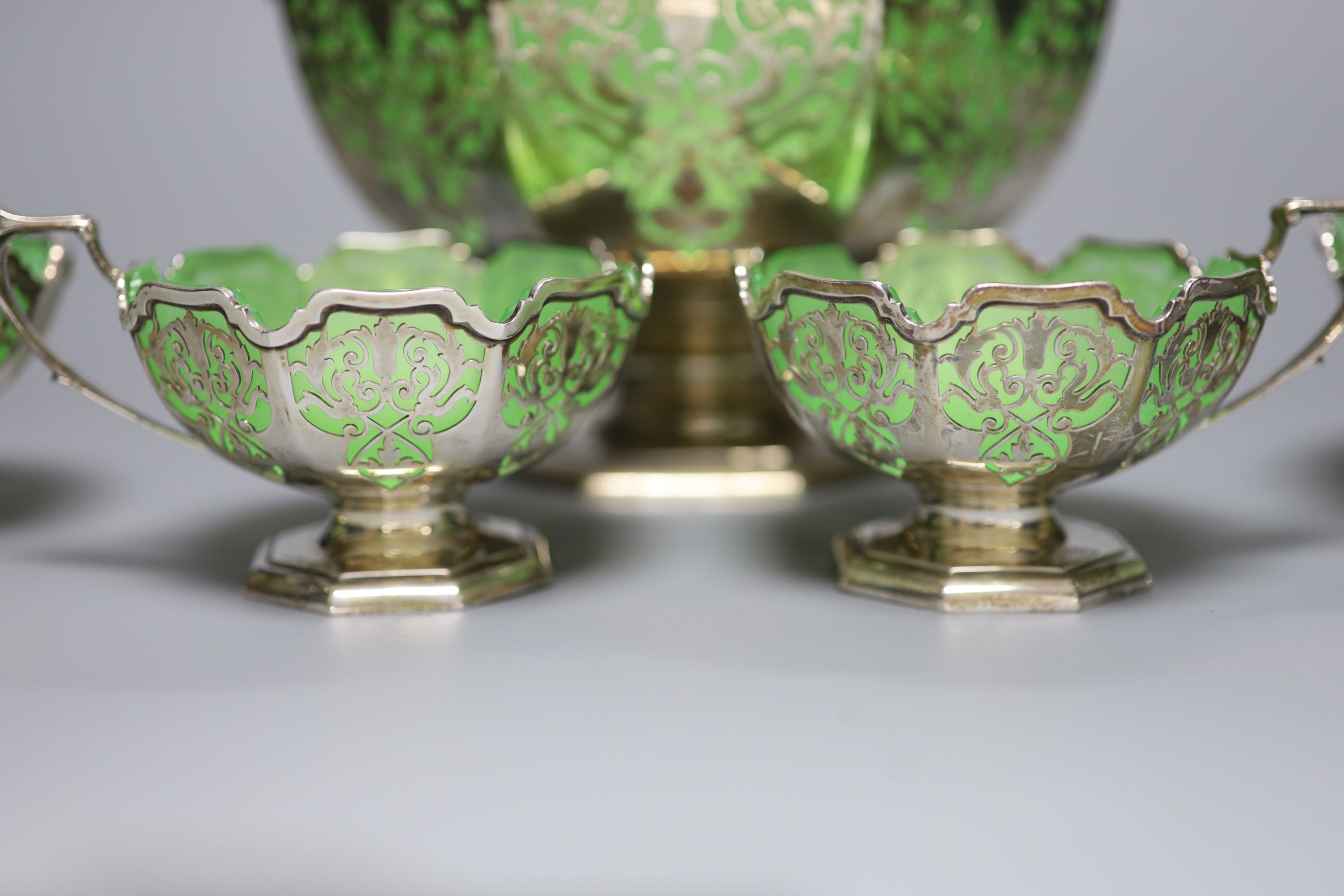 A George VI silver and green glass dessert set by Mappin & Webb (a.f.)